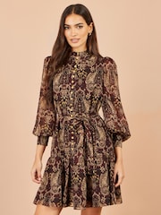 Yumi Brown Paisley Long Sleeve Shirt Dress - Image 1 of 5
