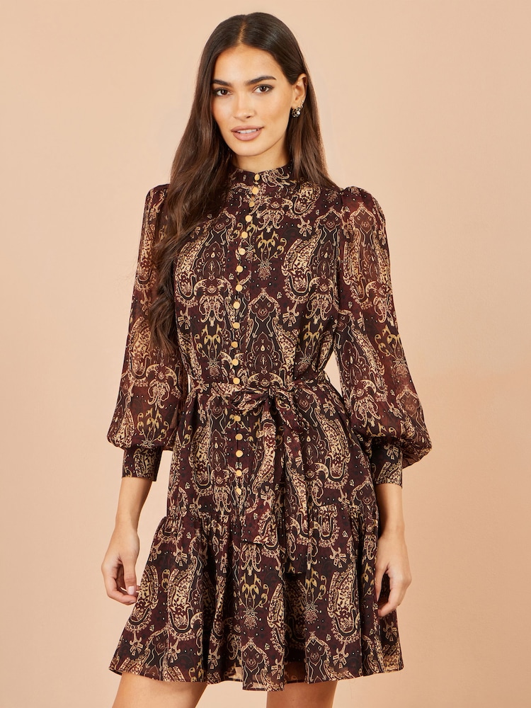 Yumi Brown Paisley Long Sleeve Shirt Dress - Image 1 of 5 Yumi Brown Paisley Long Sleeve Shirt Dress - Image 1 of 5