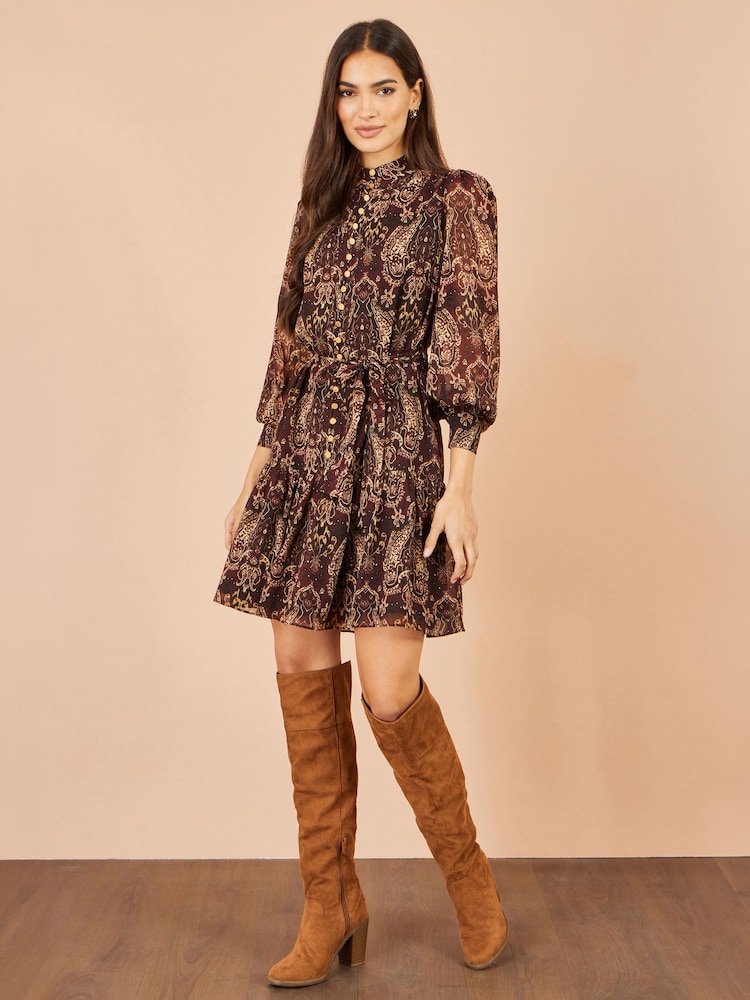 Yumi Brown Paisley Long Sleeve Shirt Dress - Image 2 of 5 Yumi Brown Paisley Long Sleeve Shirt Dress - Image 2 of 5