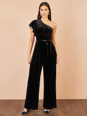 Yumi Black One Shoulder Velvet Jumpsuit - Image 1 of 4