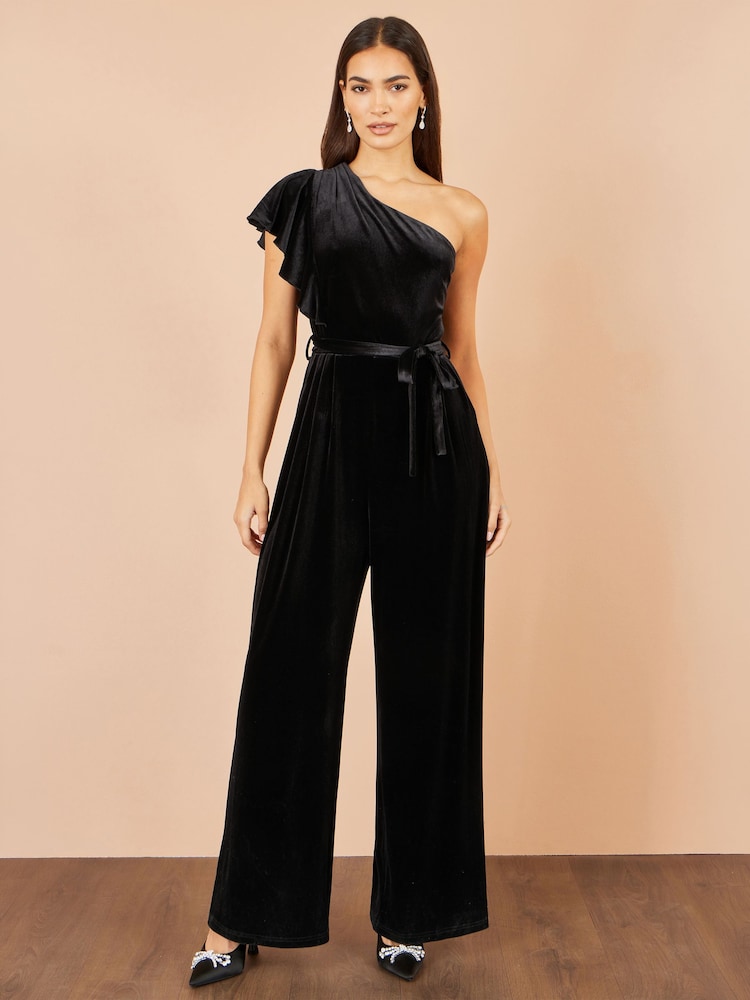 Yumi Black One Shoulder Velvet Jumpsuit - Image 1 of 4 Yumi Black One Shoulder Velvet Jumpsuit - Image 1 of 4