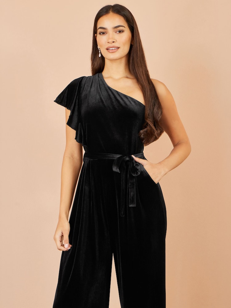 Yumi Black One Shoulder Velvet Jumpsuit - Image 2 of 4 Yumi Black One Shoulder Velvet Jumpsuit - Image 2 of 4