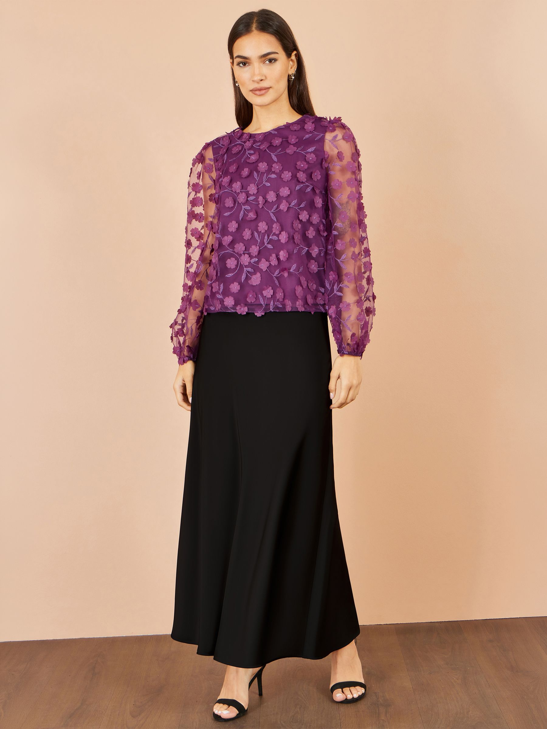 Yumi Women's Plum Sheer Sleeve Applique Flower Top - Size 16 Uk - Image 2