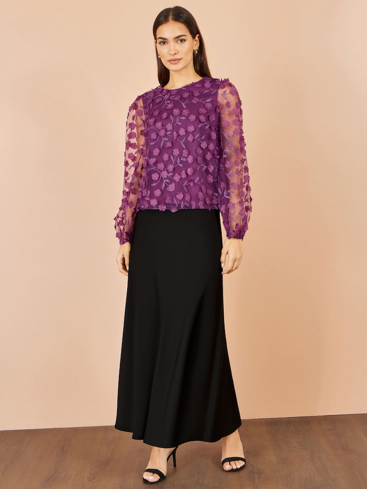 Yumi Purple Sheer Sleeve Appliqué Flower Top - Image 1 of 3 Yumi Purple Sheer Sleeve Appliqué Flower Top - Image 1 of 3