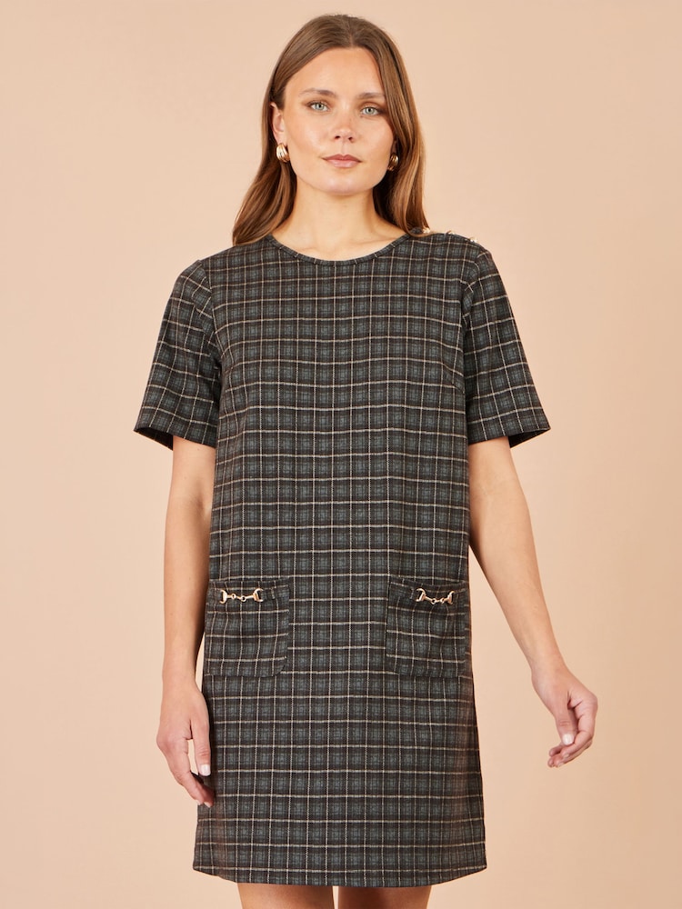 Yumi Brown Check Tunic Dress With Buckles - Image 1 of 5 Yumi Brown Check Tunic Dress With Buckles - Image 1 of 5