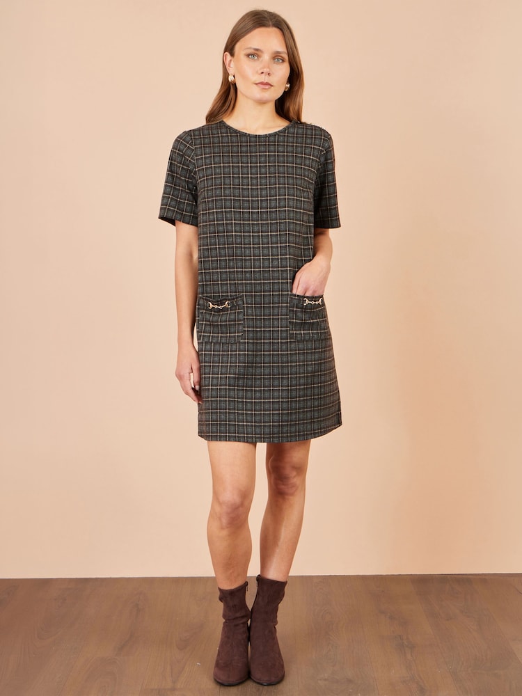 Yumi Brown Check Tunic Dress With Buckles - Image 2 of 5 Yumi Brown Check Tunic Dress With Buckles - Image 2 of 5