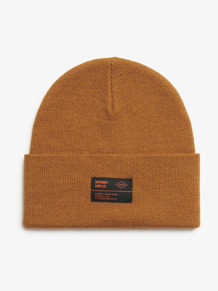 Superdry Denim Co Tobacco Brown 100% Cotton Surplus Knitted Beanie Hat - Image 1 of 2