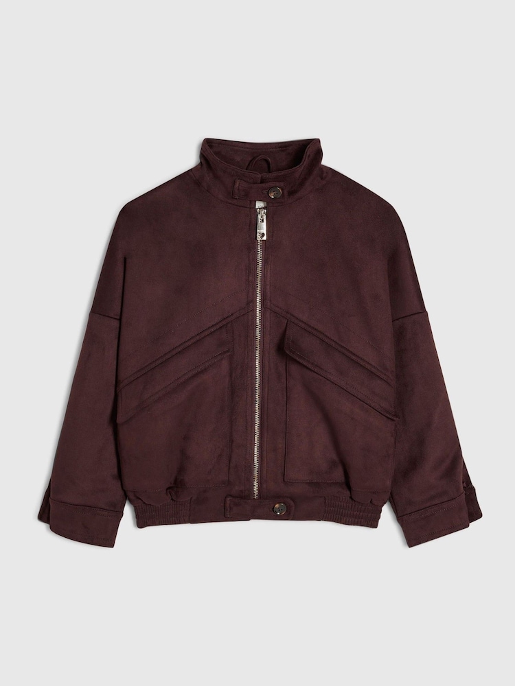 River Island Red Suedette Funnel Bomber Jacket - Image 1 of 4 River Island Red Suedette Funnel Bomber Jacket - Image 1 of 4