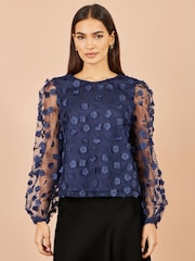 Yumi Blue Sheer Sleeve Appliqué Flower Top - Image 1 of 4