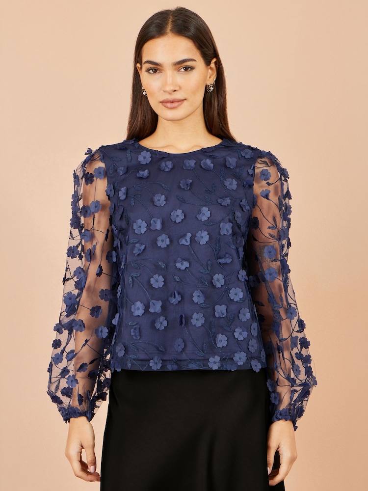 Yumi Blue Sheer Sleeve Appliqué Flower Top - Image 1 of 4 Yumi Blue Sheer Sleeve Appliqué Flower Top - Image 1 of 4