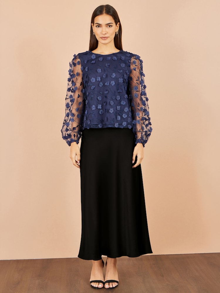 Yumi Blue Sheer Sleeve Appliqué Flower Top - Image 2 of 4 Yumi Blue Sheer Sleeve Appliqué Flower Top - Image 2 of 4