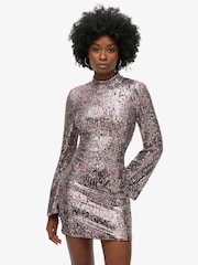 Superdry Floral Sequin Long Sleeve Printed Sequin 100% Cotton Mini Dress - Image 1 of 5