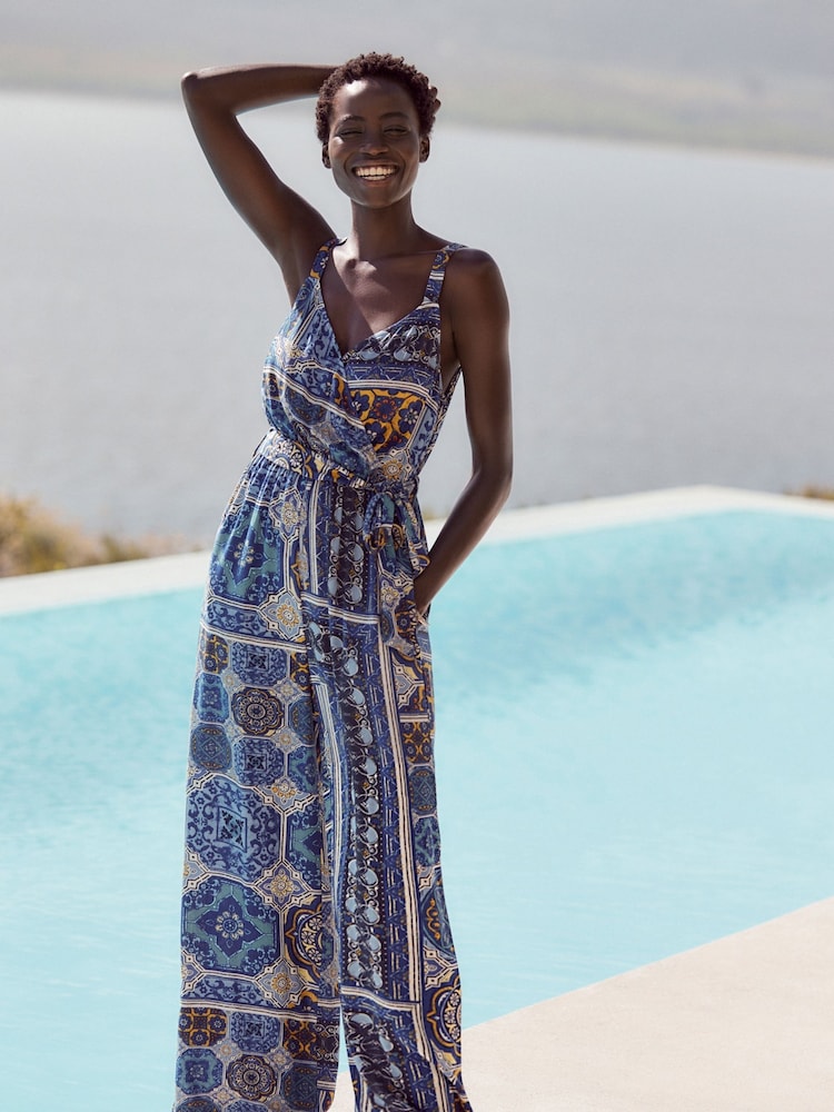 Blue Geometric Print V-Neck Belted Summer Wide Leg Jumpsuit - Image 1 of 6 Blue Geometric Print V-Neck Belted Summer Wide Leg Jumpsuit - Image 1 of 6