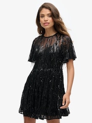 Superdry Tassle Black Sequin Volume Tiered Mesh Mini Dress - Image 1 of 7