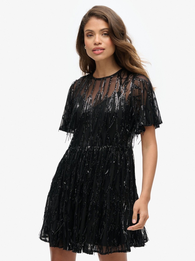Superdry Tassle Black Sequin Volume Tiered Mesh Mini Dress - Image 1 of 7