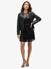 Superdry Tassle Black Sequin Volume Tiered Mesh Mini Dress - Image 3 of 7