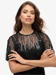 Superdry Tassle Black Sequin Volume Tiered Mesh Mini Dress - Image 4 of 7
