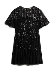 Superdry Tassle Black Sequin Volume Tiered Mesh Mini Dress - Image 5 of 7