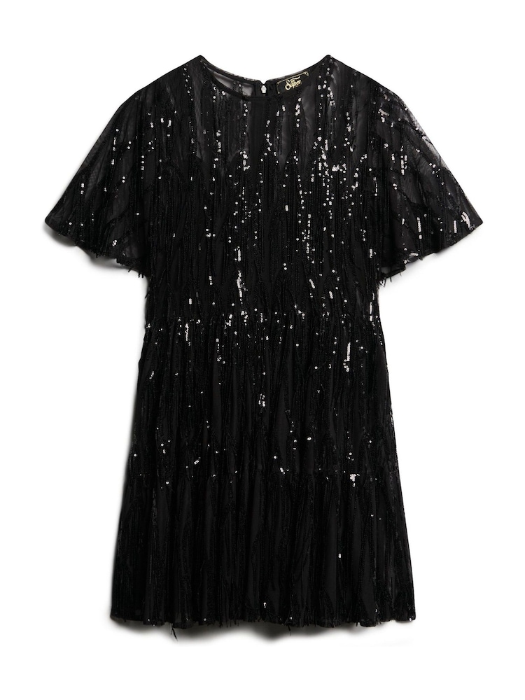 Superdry Tassle Black Sequin Volume Tiered Mesh Mini Dress - Image 5 of 7