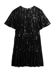 Superdry Tassle Black Sequin Volume Tiered Mesh Mini Dress - Image 6 of 7