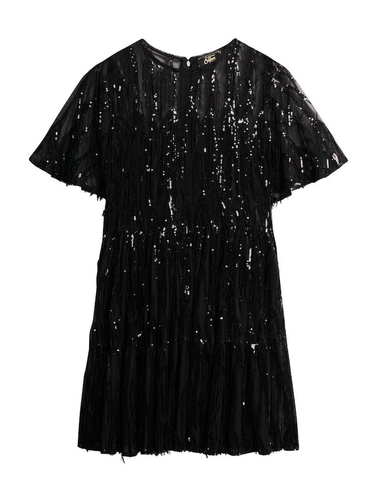 Superdry Tassle Black Sequin Volume Tiered Mesh Mini Dress - Image 6 of 7