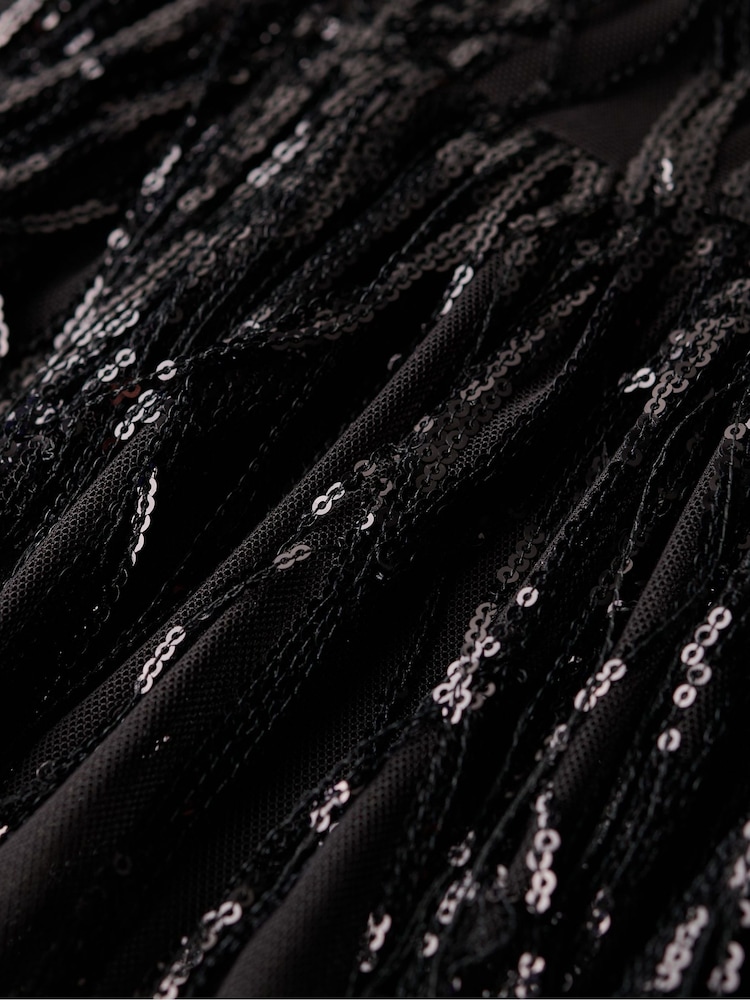 Superdry Tassle Black Sequin Volume Tiered Mesh Mini Dress - Image 7 of 7