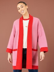 Yumi Pink Contrast Knitted Cardigan - Image 1 of 5