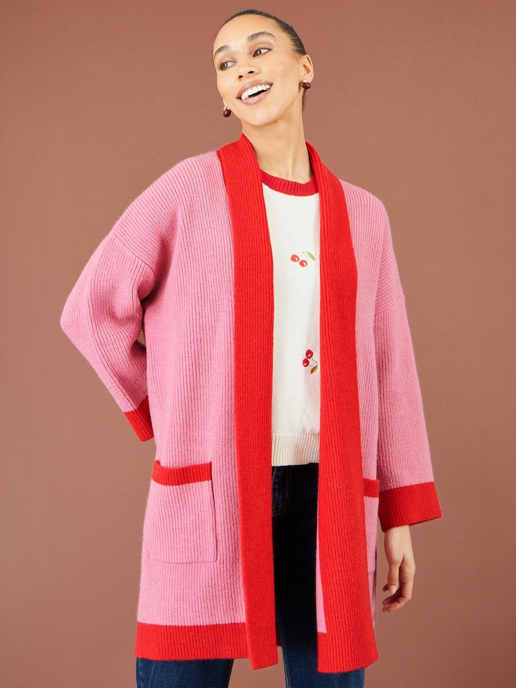 Yumi Pink Contrast Knitted Cardigan - Image 2 of 5 Yumi Pink Contrast Knitted Cardigan - Image 2 of 5