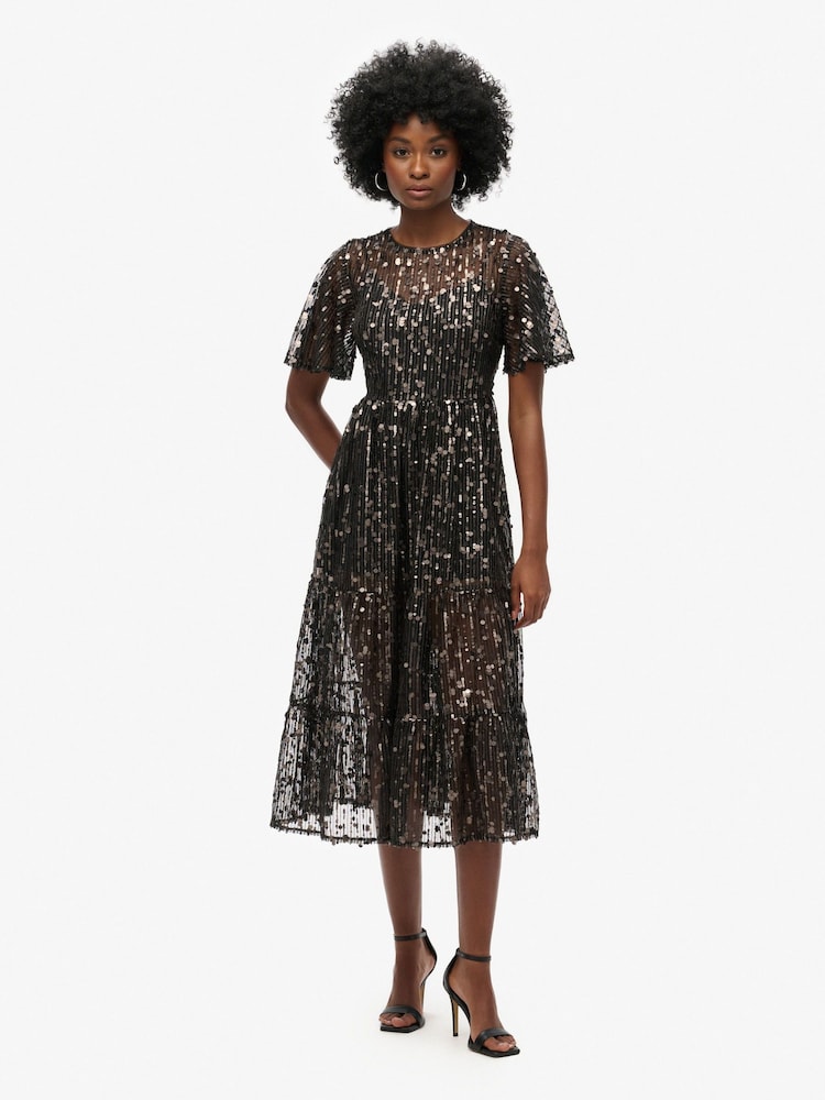 Superdry Pewter Sequin Volume Tiered Mesh Midi Dress - Image 1 of 6