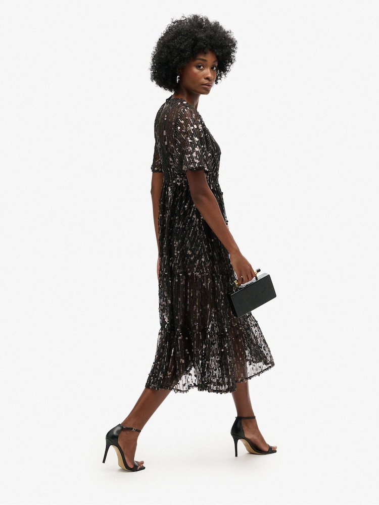 Superdry Pewter Sequin Volume Tiered Mesh Midi Dress - Image 2 of 6