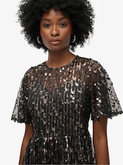 Superdry Pewter Sequin Volume Tiered Mesh Midi Dress - Image 4 of 6