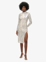 Superdry Silver Sequin Open Back Long Sleeve Midi Dress - Image 1 of 5