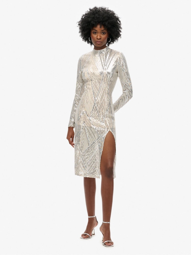 Superdry Silver Sequin Open Back Long Sleeve Midi Dress - Image 1 of 5