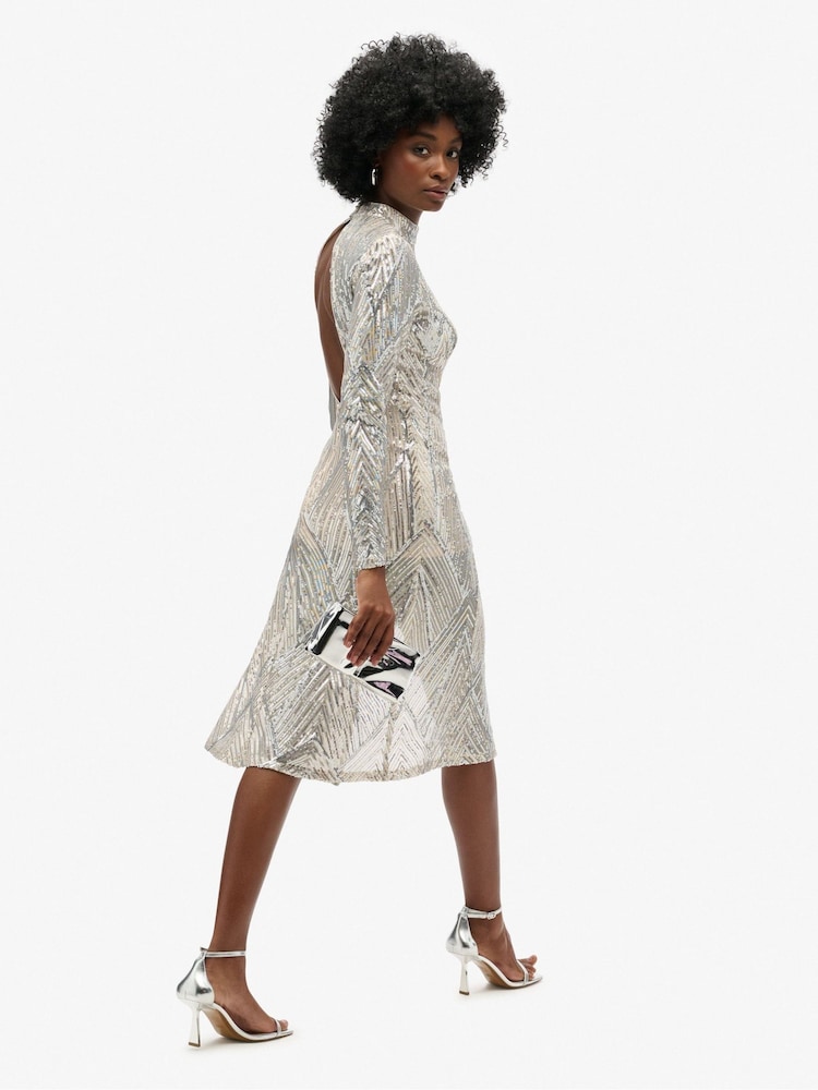 Superdry Silver Sequin Open Back Long Sleeve Midi Dress - Image 2 of 5