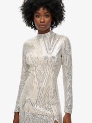 Superdry Silver Sequin Open Back Long Sleeve Midi Dress - Image 3 of 5