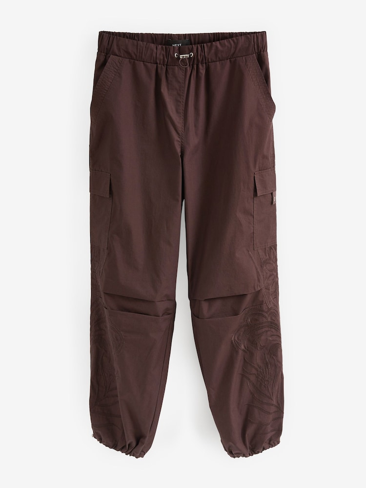 Brown Embroidered Parachute Cotton Cargo Trousers - Image 1 of 1
