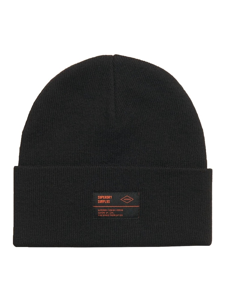 Superdry Black 100% Cotton Surplus Knitted Beanie Hat - Image 1 of 2