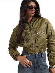 River Island Green Cropped Fitted Bomber Jacket - Image 1 of 4