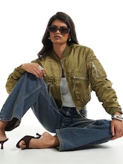 River Island Green Cropped Fitted Bomber Jacket - Image 2 of 4