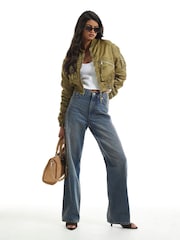 River Island Green Cropped Fitted Bomber Jacket - Image 3 of 4