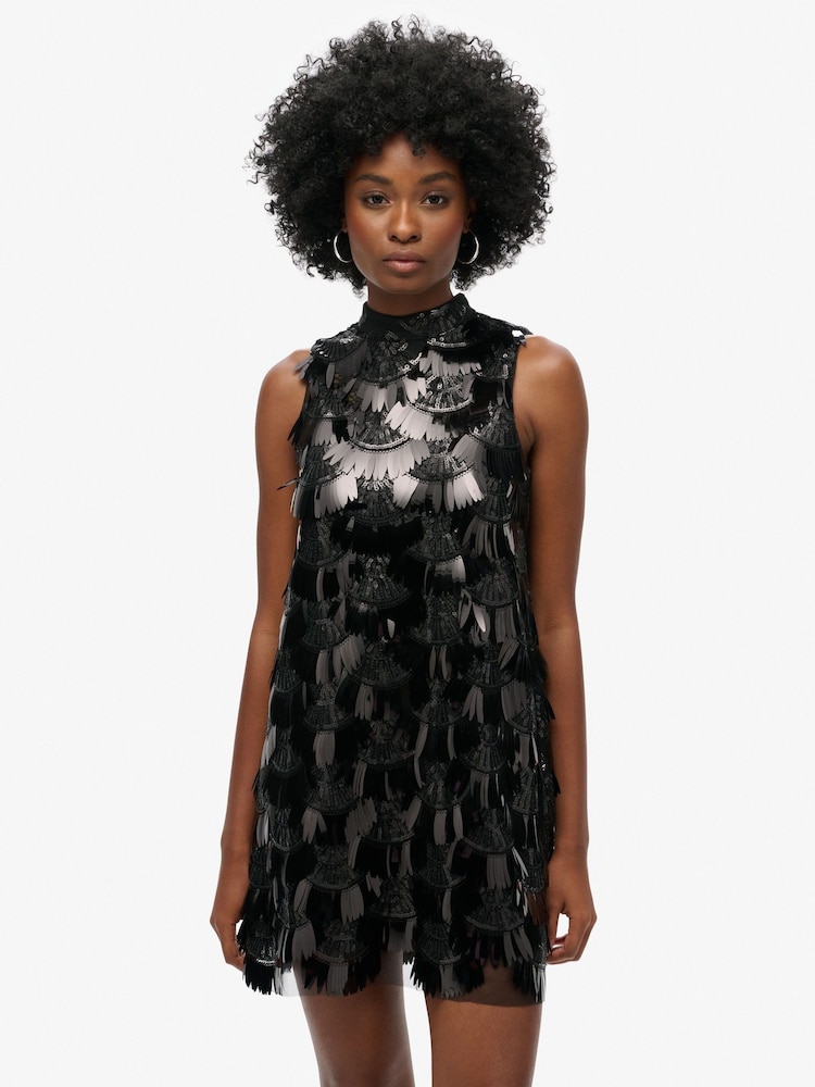 Superdry Black Sequin A-Line Fringe Sequin Dress - Image 2 of 6