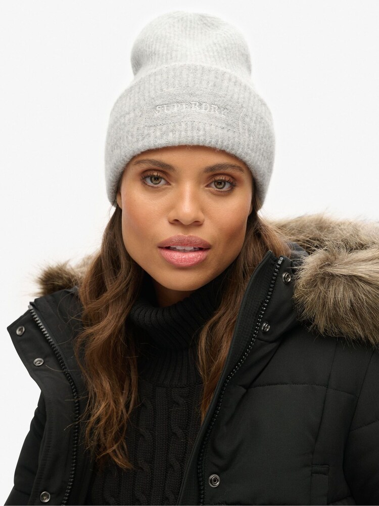 Superdry Chalk Grey Marl Soft Rib Knit Winter Beanie 100% Cotton Hat - Image 1 of 3