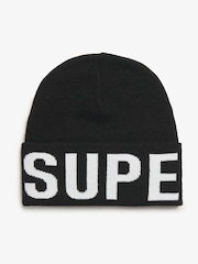 Superdry Black 100% Cotton Branded Knitted Beanie Hat - Image 1 of 3