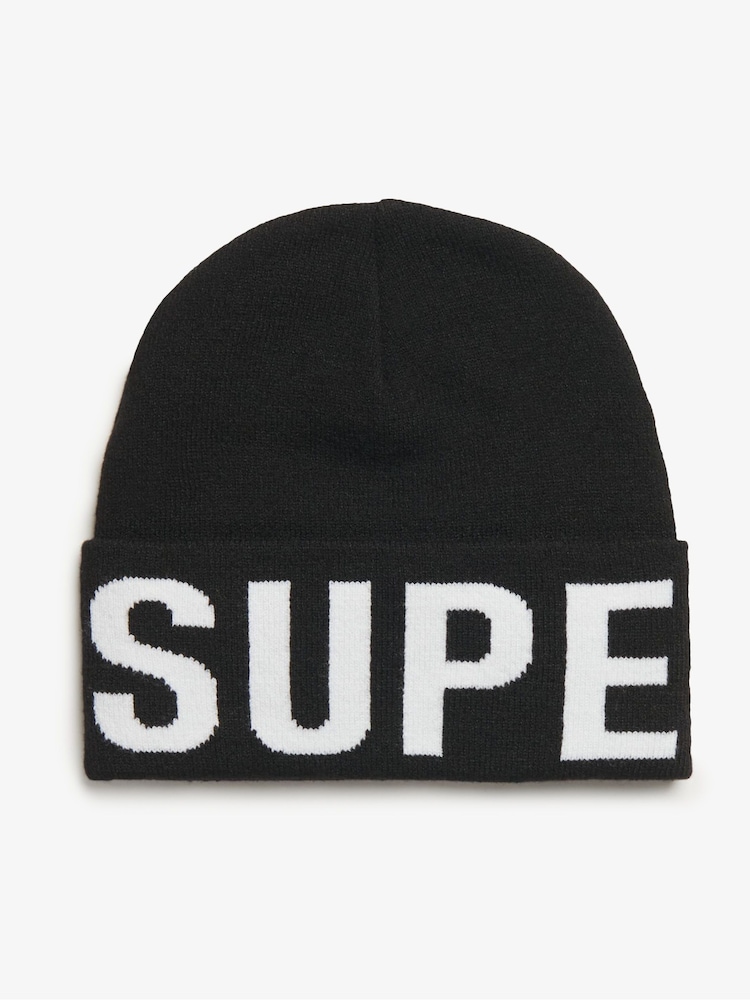 Superdry Black 100% Cotton Branded Knitted Beanie Hat - Image 1 of 3