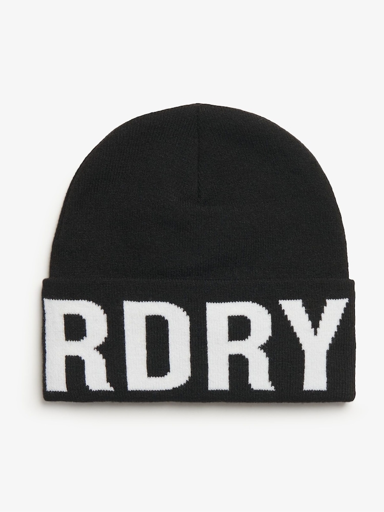 Superdry Black 100% Cotton Branded Knitted Beanie Hat - Image 2 of 3