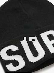 Superdry Black 100% Cotton Branded Knitted Beanie Hat - Image 3 of 3