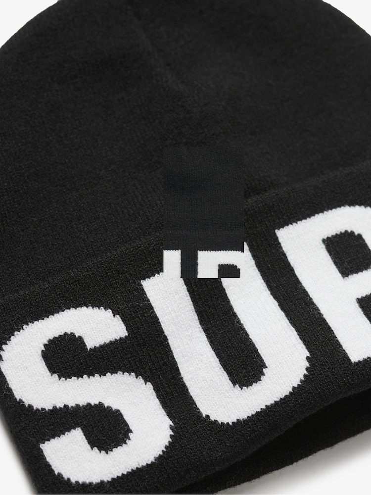 Superdry Black 100% Cotton Branded Knitted Beanie Hat - Image 3 of 3
