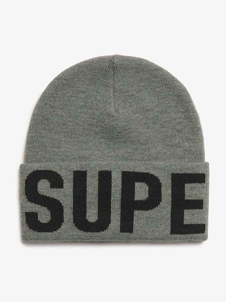 Superdry Grey 100% Cotton Branded Knitted Beanie Hat - Image 1 of 2