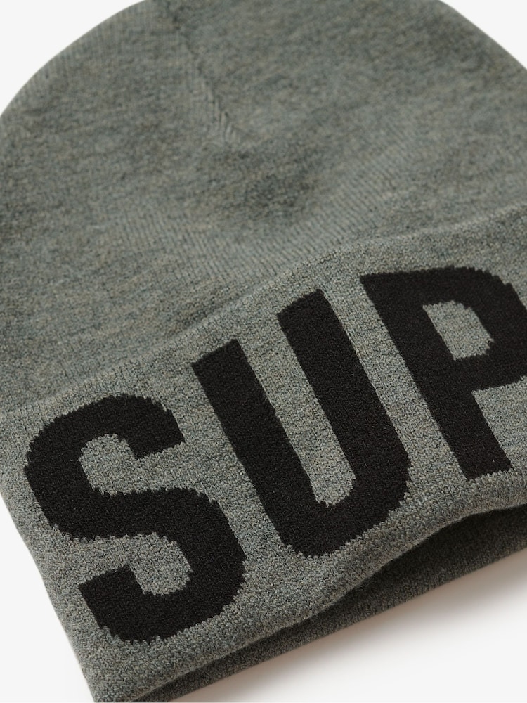 Superdry Grey 100% Cotton Branded Knitted Beanie Hat - Image 2 of 2
