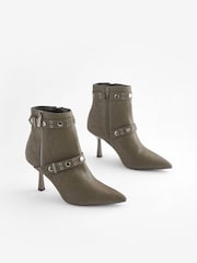 Khaki Green Forever Comfort® Point Toe Stud Detail Heeled Boots - Image 1 of 4